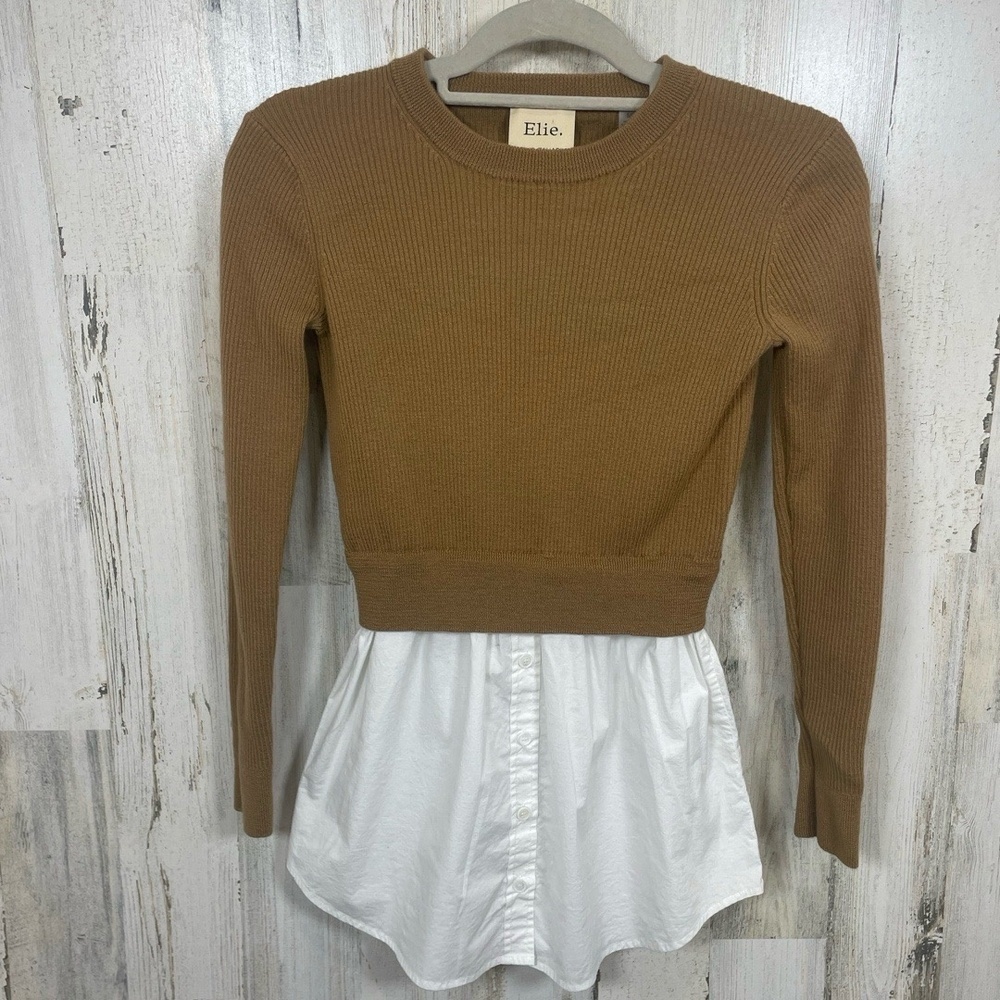 Elie‎ Tahari Merino Wool Sweater Shirt Combo Size S Camel White Ribbed Layered